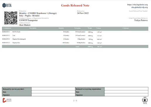 Goods release note form