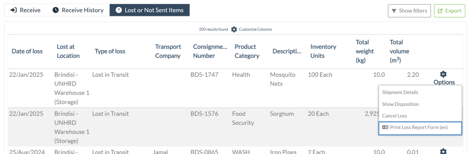 Lost or Not Sent - Loss Report