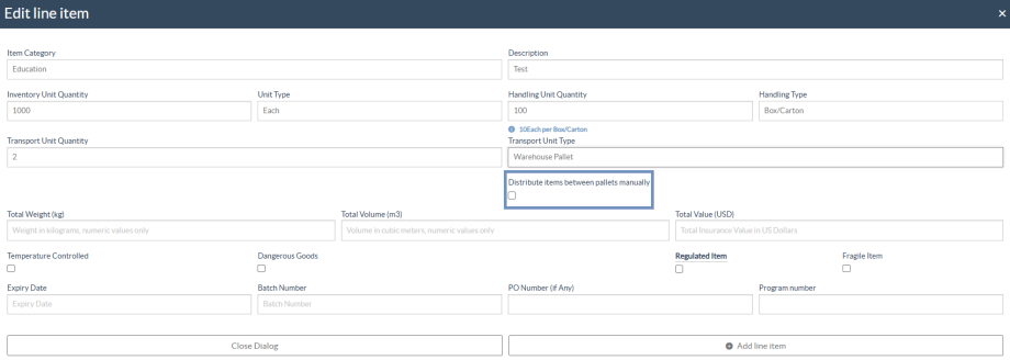 Distribute items between pallets checkbox