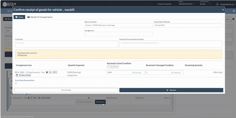 Pallet view in receive screen