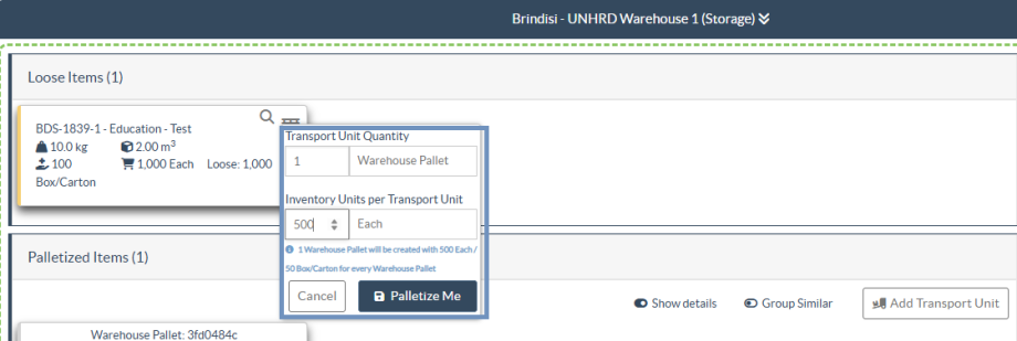 Palletize me in stock management screen