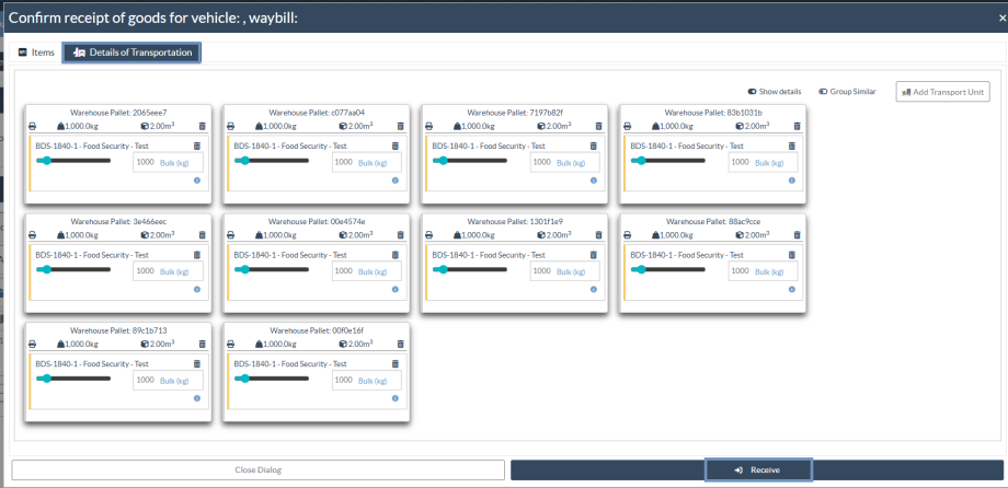 Pallet confirmation in receive screen