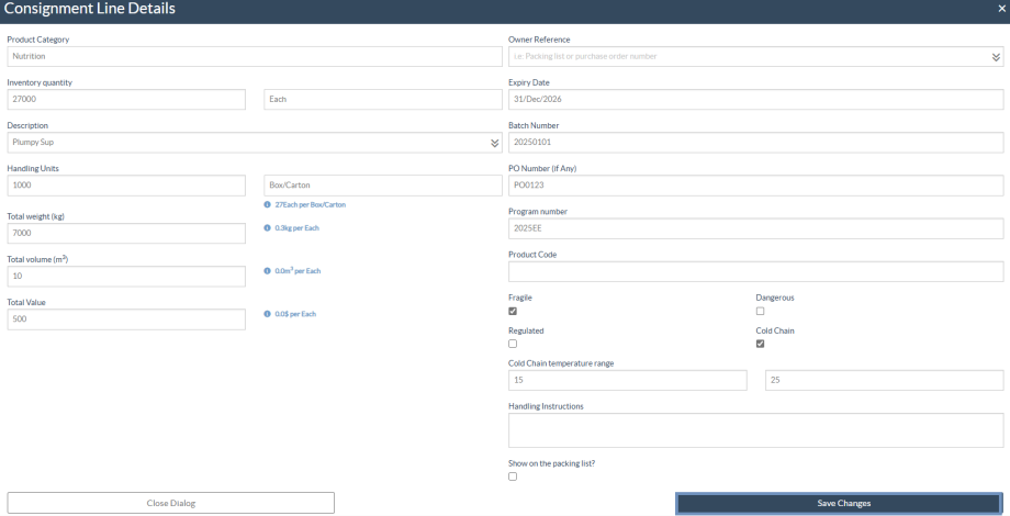 Consignment line item details