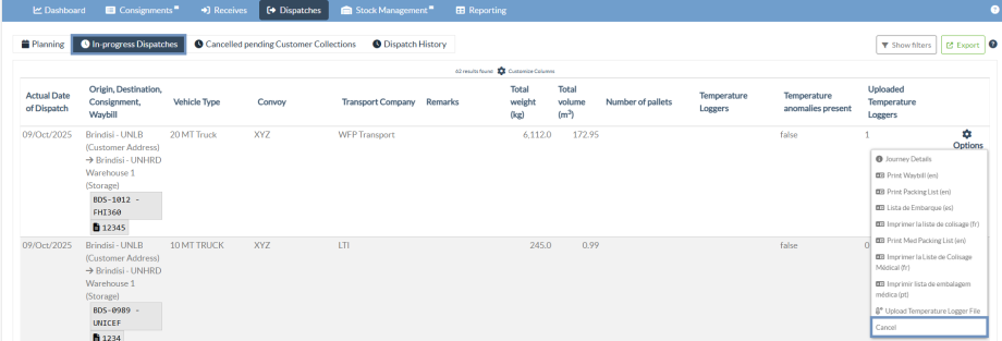 In progress dispatch tab options updated 