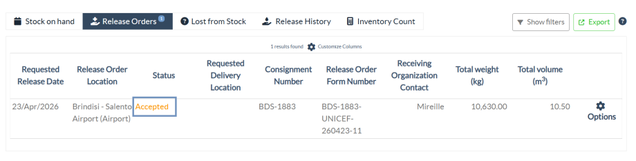 New Release order accepted status