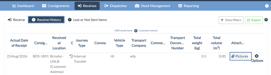 Review attachment column under receive history
