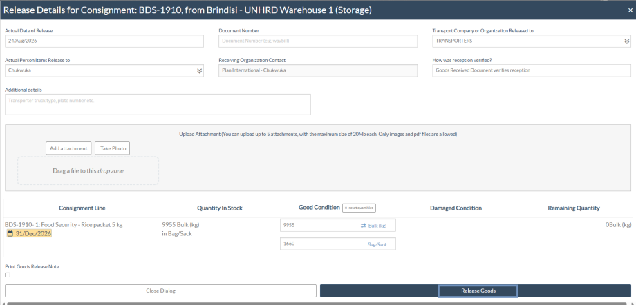 Updated release order screen