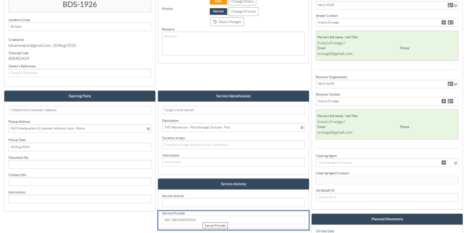 Service provider assigned to consignment