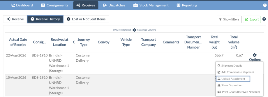 Upload attachment for receive history