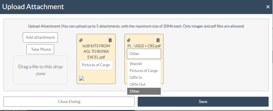 Upload attachment consignment screen